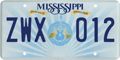 MS license plate ZWX012