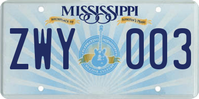 MS license plate ZWY003
