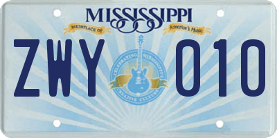 MS license plate ZWY010