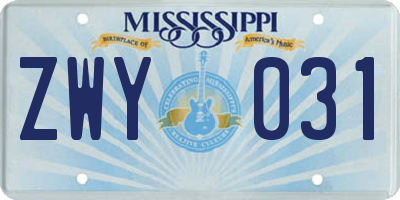 MS license plate ZWY031