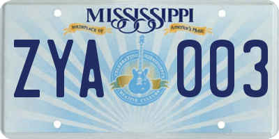 MS license plate ZYA003