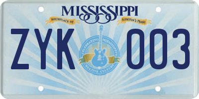 MS license plate ZYK003
