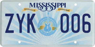 MS license plate ZYK006
