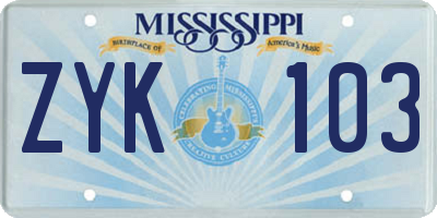 MS license plate ZYK103