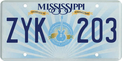 MS license plate ZYK203