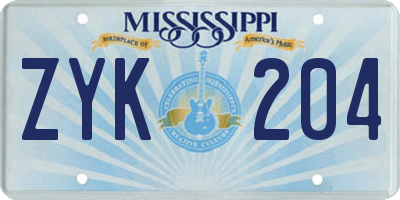 MS license plate ZYK204