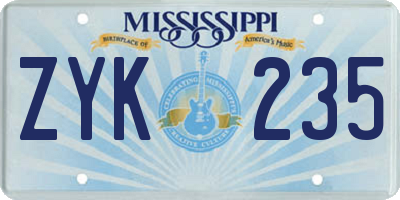MS license plate ZYK235