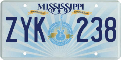 MS license plate ZYK238