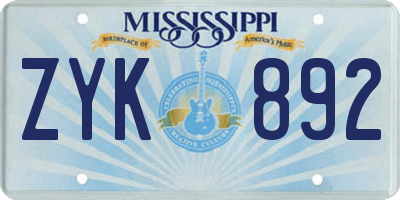 MS license plate ZYK892