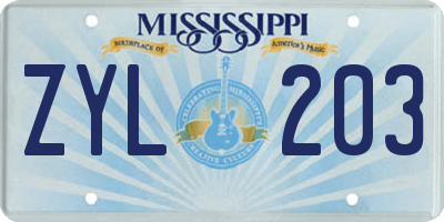 MS license plate ZYL203