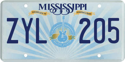 MS license plate ZYL205