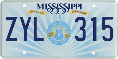 MS license plate ZYL315