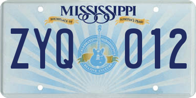 MS license plate ZYQ012