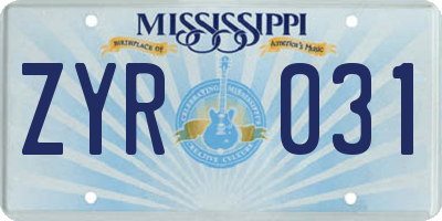 MS license plate ZYR031