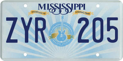 MS license plate ZYR205
