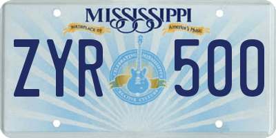 MS license plate ZYR500