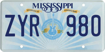 MS license plate ZYR980