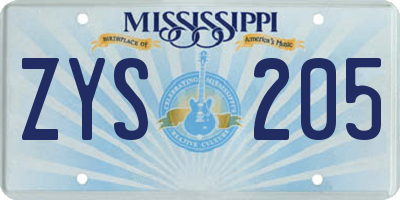 MS license plate ZYS205