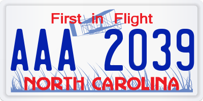 NC license plate AAA2039