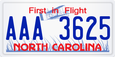 NC license plate AAA3625