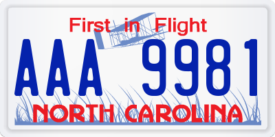 NC license plate AAA9981