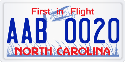 NC license plate AAB0020