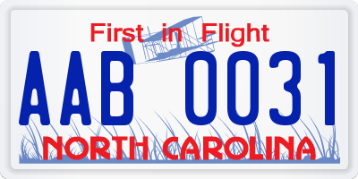 NC license plate AAB0031