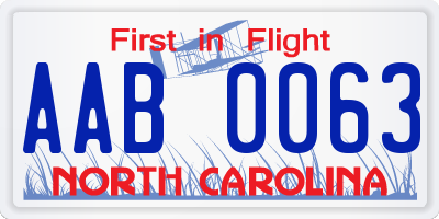 NC license plate AAB0063