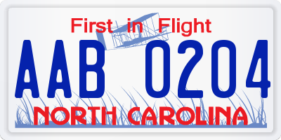 NC license plate AAB0204