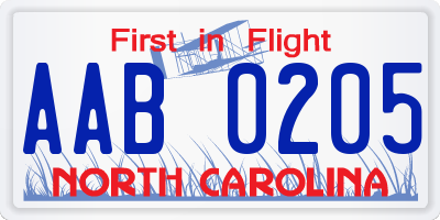 NC license plate AAB0205