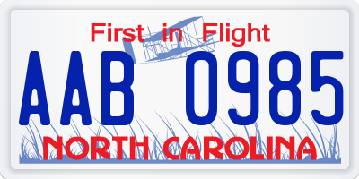 NC license plate AAB0985