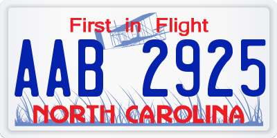 NC license plate AAB2925