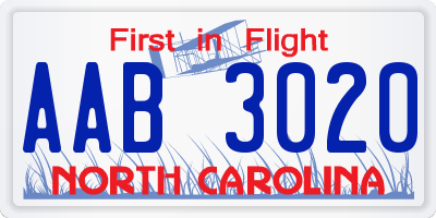 NC license plate AAB3020