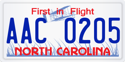 NC license plate AAC0205