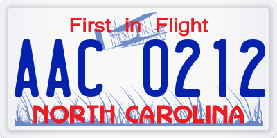 NC license plate AAC0212