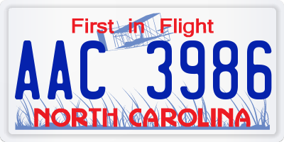 NC license plate AAC3986