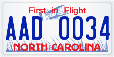 NC license plate AAD0034