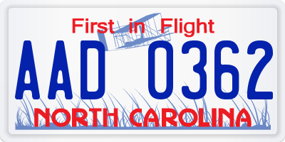 NC license plate AAD0362