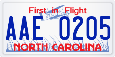NC license plate AAE0205