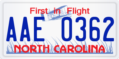 NC license plate AAE0362