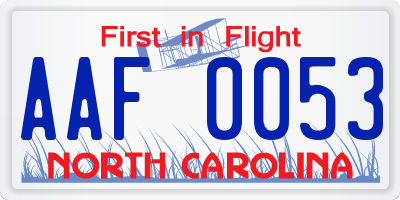 NC license plate AAF0053