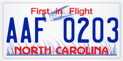 NC license plate AAF0203