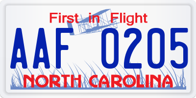 NC license plate AAF0205