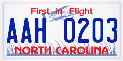 NC license plate AAH0203
