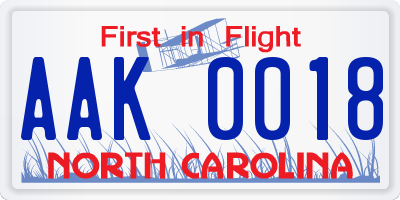 NC license plate AAK0018