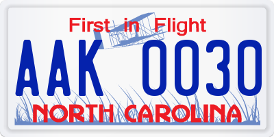 NC license plate AAK0030