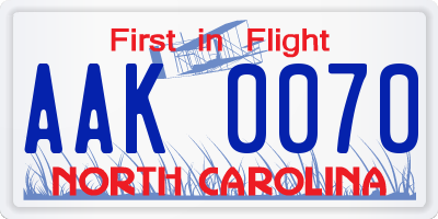 NC license plate AAK0070