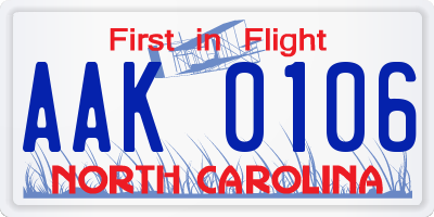 NC license plate AAK0106
