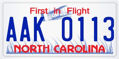 NC license plate AAK0113