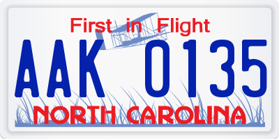 NC license plate AAK0135